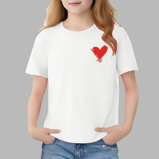 Blusas y camisas de manga corta con cuello redondo para niños Camiseta de verano de manga corta estampada para niñas Jersey elegante de cuello redondo para niñas Top de algodón para niños