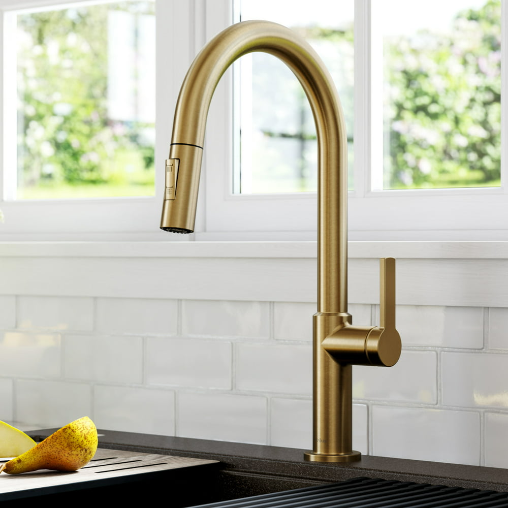 Kraus Oletto Single Handle PullDown Kitchen Faucet in Brushed Brass