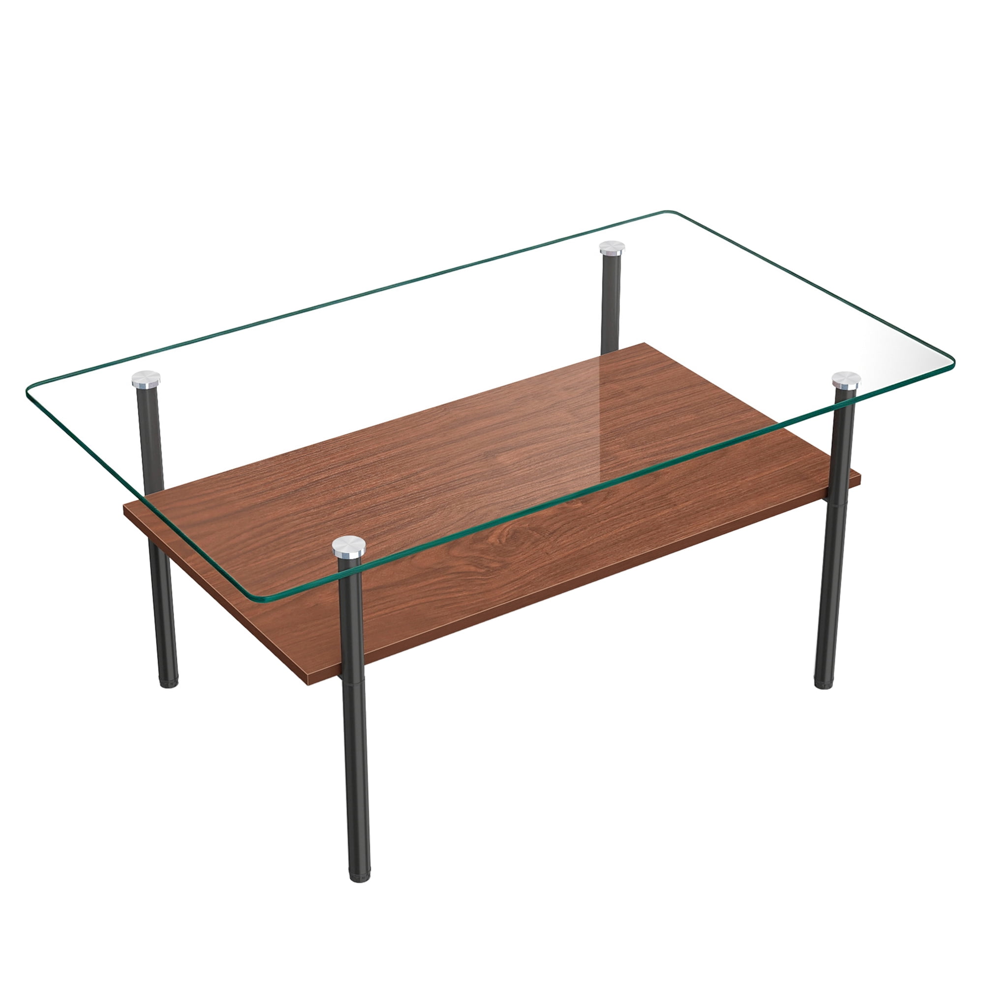 Modern Rectangular Glass Coffee Table with Tempered Glass Top and Wood Shelf, 38.6-Inch Center Table for Living Room, Transparent