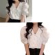 thumbnail image 5 of Blusa de gasa con manga corta abombada para mujer, cuello vuelto, botonadura única, cuello en V, jersey de Color puro, 5 of 8