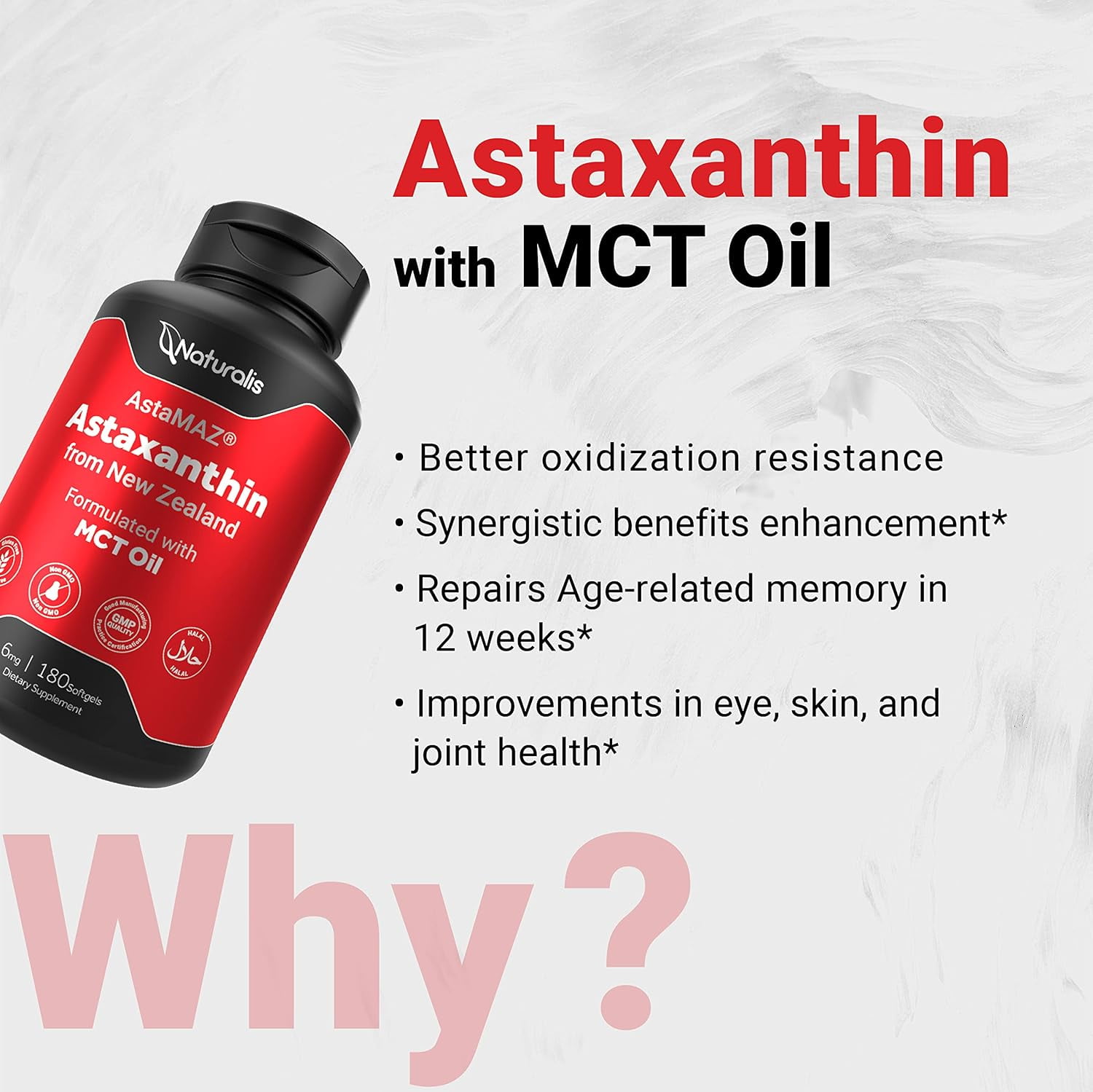 Naturalis New Zealand Astaxanthin (6mg) | High Potency with High-Oleic Sunflower Oil | Non-GMO, Soy & Gluten Free | 180 Softgels (6-Month Supply)