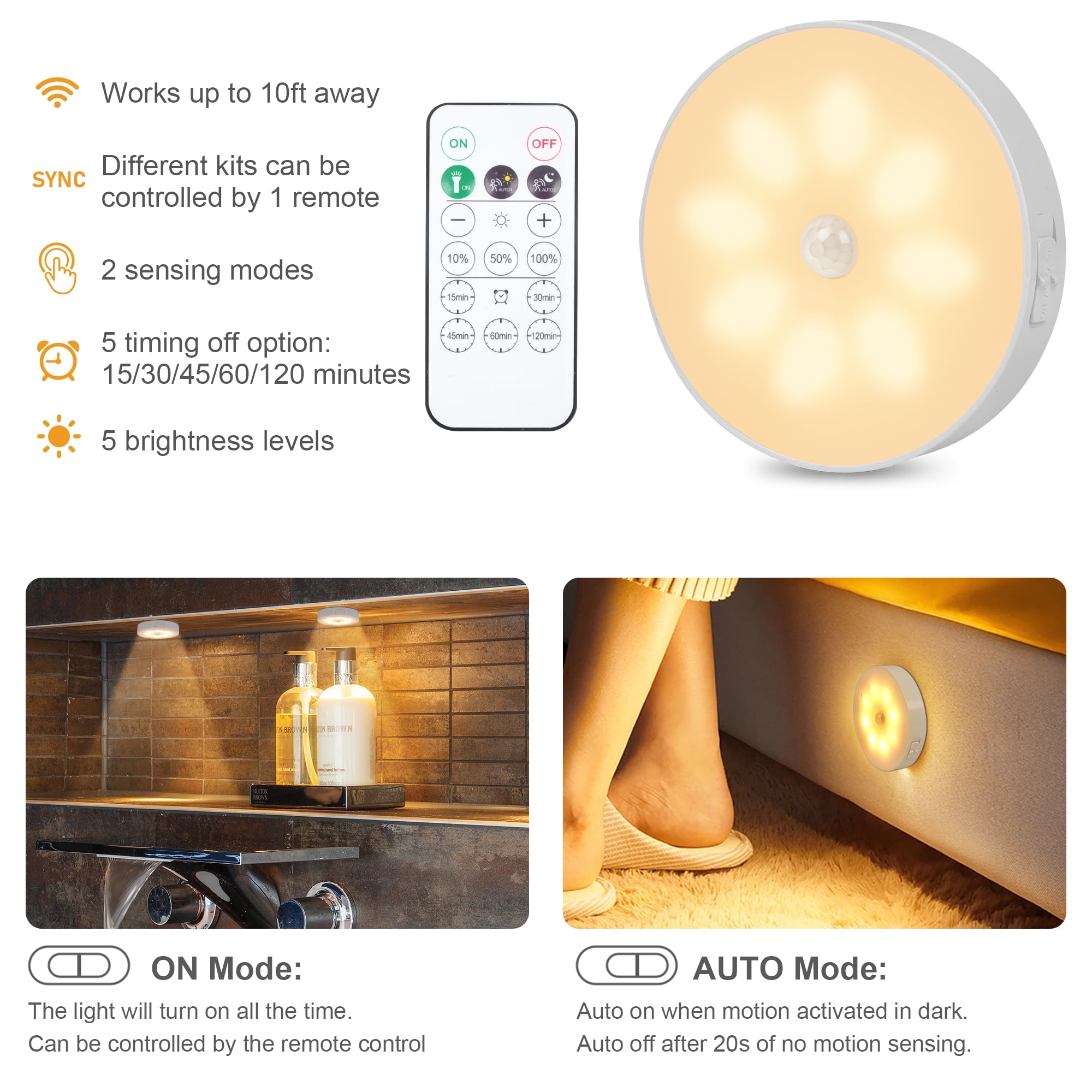 LED Closet Lights Wireless Motion Sensor Puck Light, USB Rechargeable Battery Operated Puck Lights with Remote, Dimmable Under Cabinet Lighting for Wardrobe Kitchen (6 Pack)