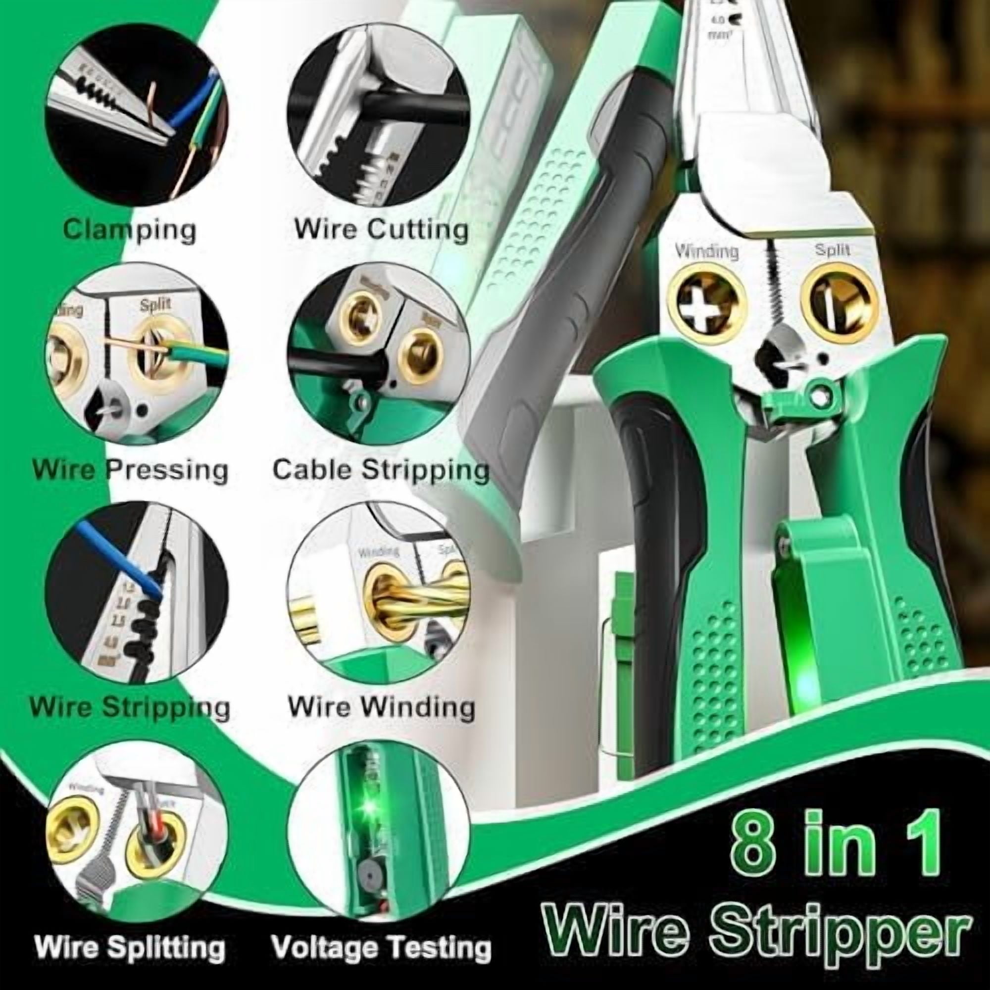8 in 1 Wire Stripping Pliers with Voltage Tester, Multi-function Wire Stripper Electrician's Pliers, Electric Wire Stripping Tool, Electrician Repair Tool (Green)$$Tools & Hardware Other