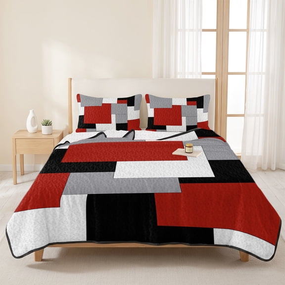 3 Pieces Queen Quilt Set,Abstract Red Black Grey White Color Block Soft Bedding Sets with 1 Quilt&2 Pillow Shams,Splicing Geometric Plaid Summer Bedspread Lightweight Coverlet Comforter
