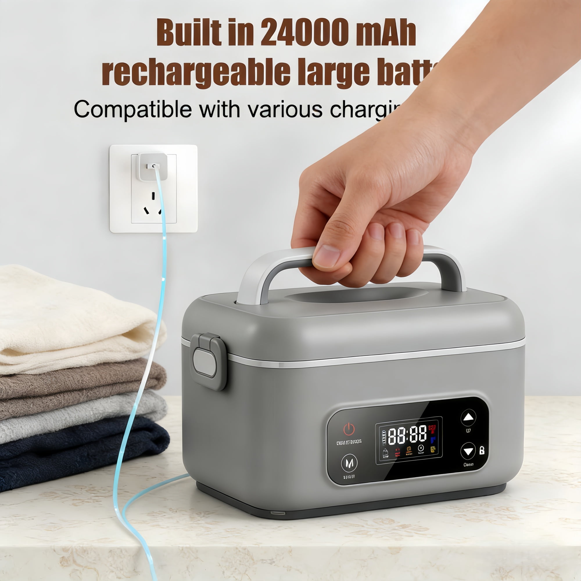NPPNVV Advanced Cordless Heated Lunch Box for Adults, 5.5-Cup 100W Electric Lunch Box with 360° Surround Rapid Heating, 24000mAh Portable Food Warmer with Timer, LCD Display for Office, Car & Outdoor