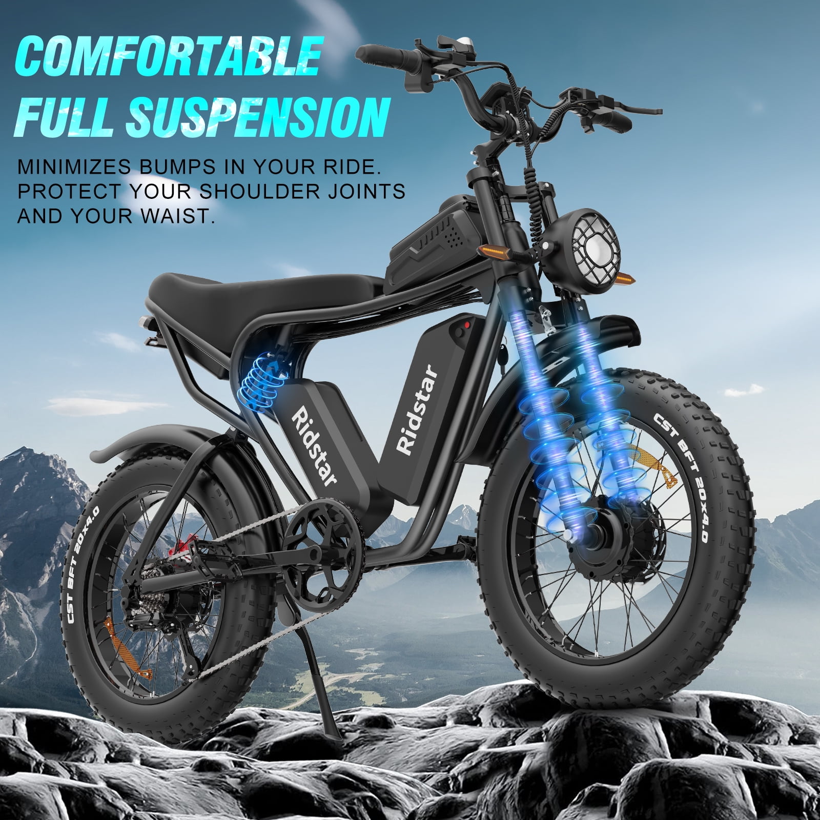 Ridstar Dual Motor 2000W 52V 40Ah Removable Battery Mountain BikeMtb Electric Bike for Adults 20" Fat Tire Electric Motorcycle,Full Suspension Electric Bicycle UL2849