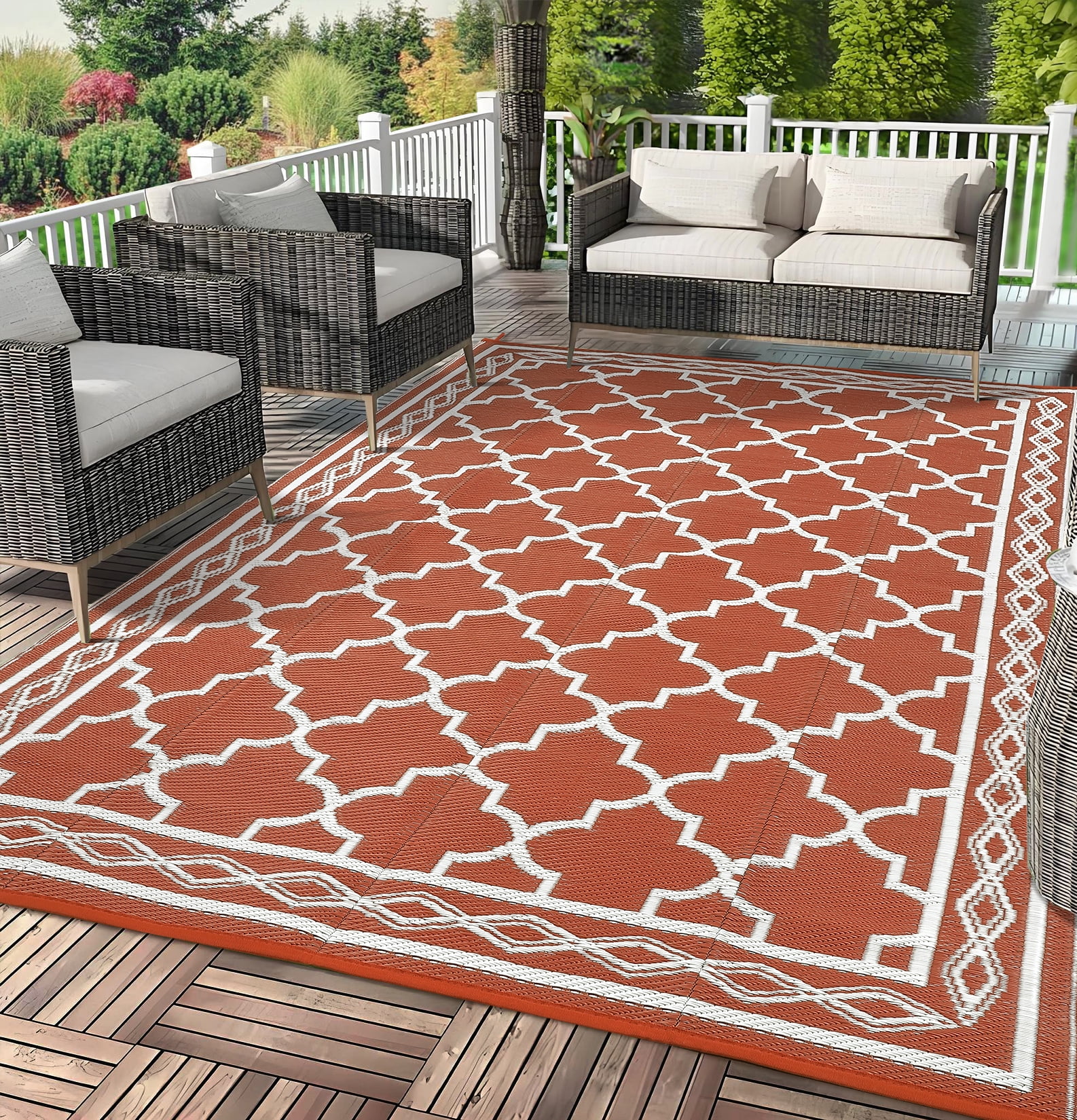 HOMERRY Geometric Moroccan Outdoor Rug Straw Plastic Area Rug for Balcony Pool RV Waterproof Reversible Carpet, Orange Red, 10'x 14'