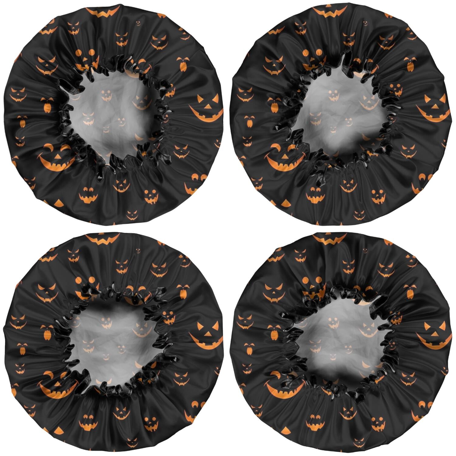 Shower Caps,Black Halloween Pumpkin Faces Waterproof Shower Cap for Women 4 Pieces,Double Reusable Hair Cover for Shower PEVA Elastic Stretch Hem