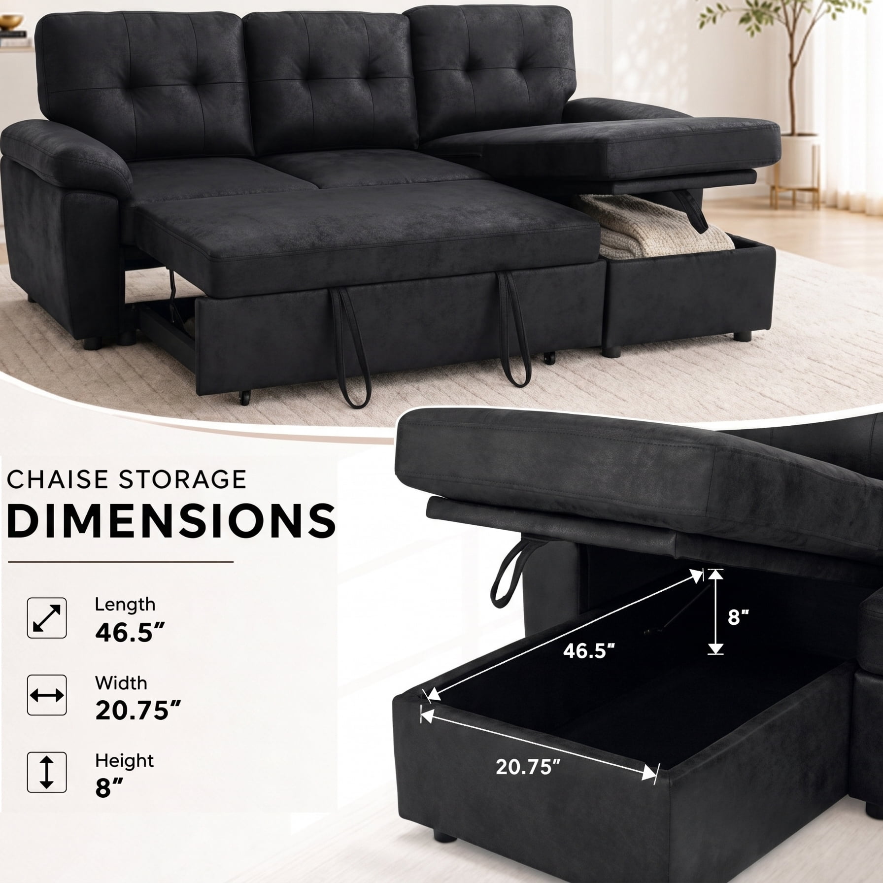 Garitin Sectional Sofa Bed and L Shaped Convertible Couch 88.5 Inch, Pull Out Sleeper with Storage Chaise for Living Room, Black