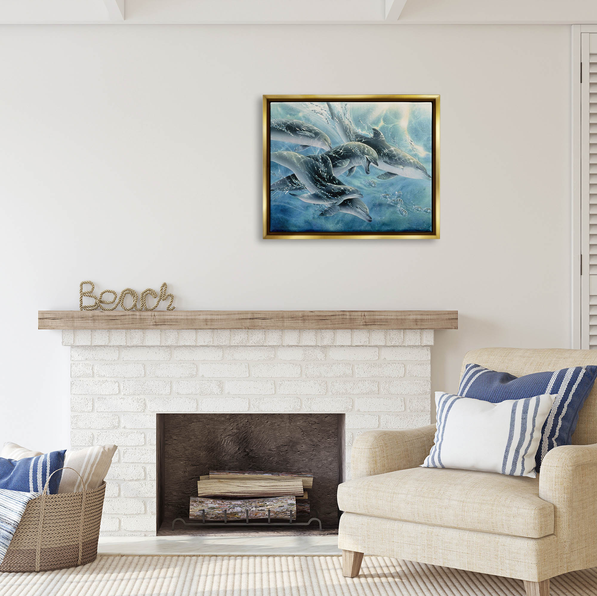 Stupell Industries Playful Passage Dolphins Swimming Coastal Painting Gold Floater Framed Art Print Wall Art