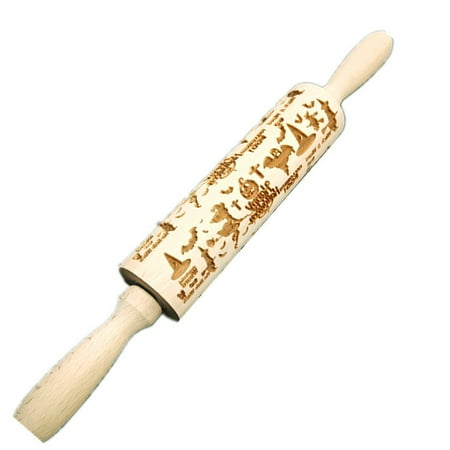 

3D Embossed Rolling Pin with Ghost Pumpkin Pattern Designs Engraved Rolling Pin with 3 pcs Cookie Cutter for Baking Lightweight W