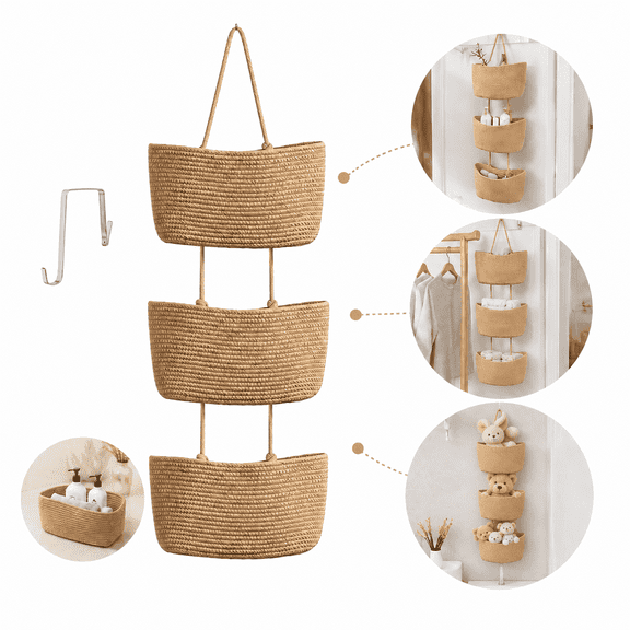 3-Tier Woven Cotton Jute over the door organizer, multi purpose hanging storage basket for nursery laundry and home organization