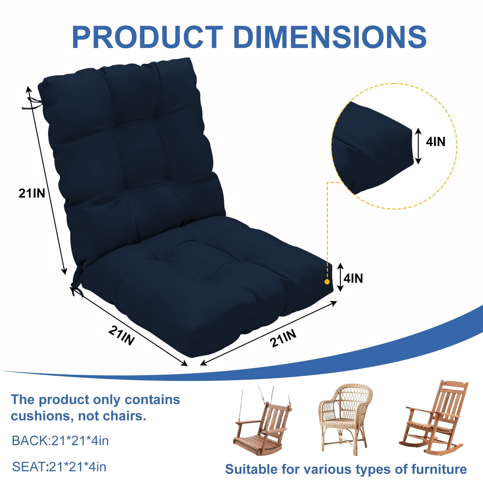 2-Pack 42"x21"x4" Outdoor Chair Cushions, High Back Soft Seat Pad with Ties, Fade-Resistant & Waterproof for Patio Dining/Rocking Chairs, Indoor/Outdoor Use,Navy Blue