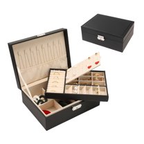 Unique Bargains 2 Layer Jewelry Box PU Leather Jewelry Organizer Case Storage with Drawer Black