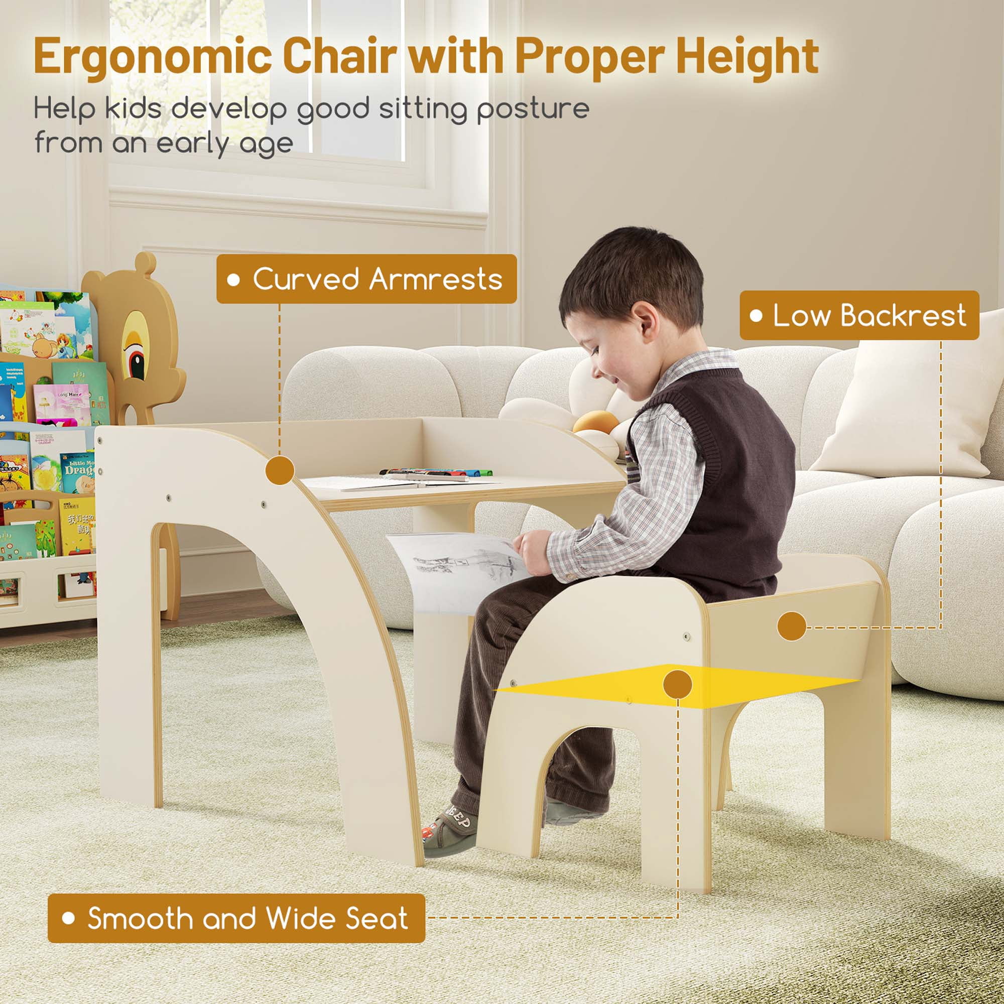 Costway Kids Desk and Chair Set Wooded Toddler Table and Chair Set with Proper Height White