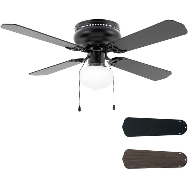 Ventilador de Techo Tradicional de 42 Pulgadas: Montaje Empotrado con Luz LED - Control de Cadena de Tracción - Aspas de Doble Acabado - Reversible para Recámara, Oficina, Sala de Estar (Negro Mate)