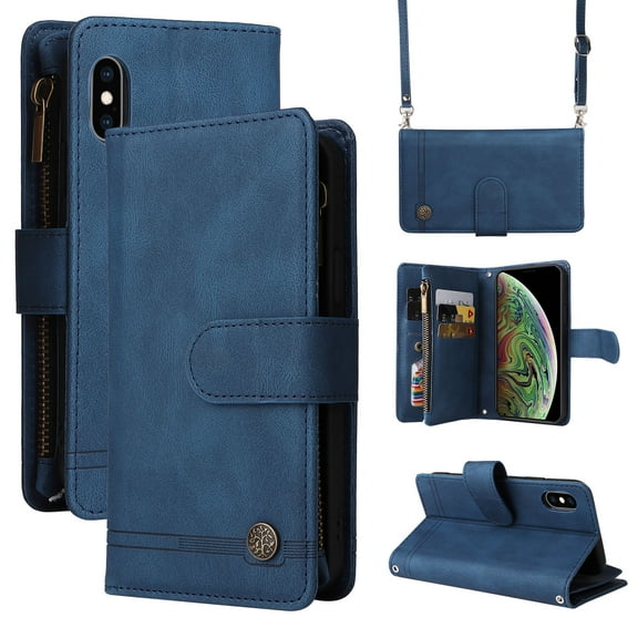 Feishell for iPhone XS / iPhone X 5.8 inch Zipper Wallet Case with Wrist Strap & Shoulder Strap,Premium PU Leather Magnetic Clasp Flip Holder Card Slots Crossbody Phone Case for Women Men,Blue