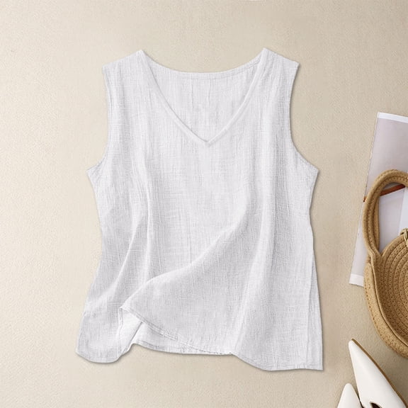Women's V Neck Cotton Linen Tank Tops Casual Loose Sleeveless Summer Lightweight Blouses White S