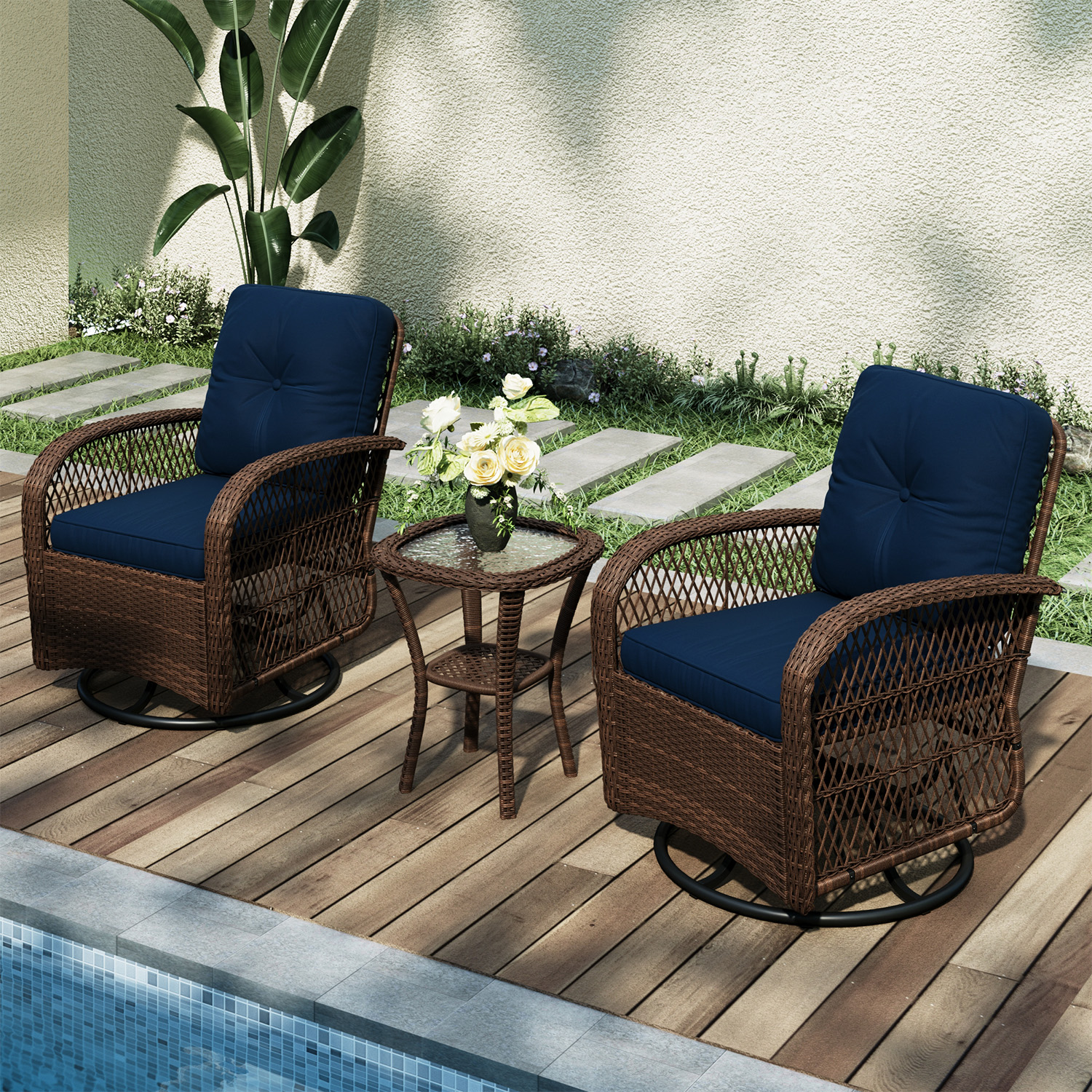BaPiPro 3 Piece Blue Outdoor Swivel Rocker Wicker Patio Furniture Set, All-Weather Resistant Rattan Conversation Set with Cushions & Tempered Glass Side Table for Porch, Deck, Backyard