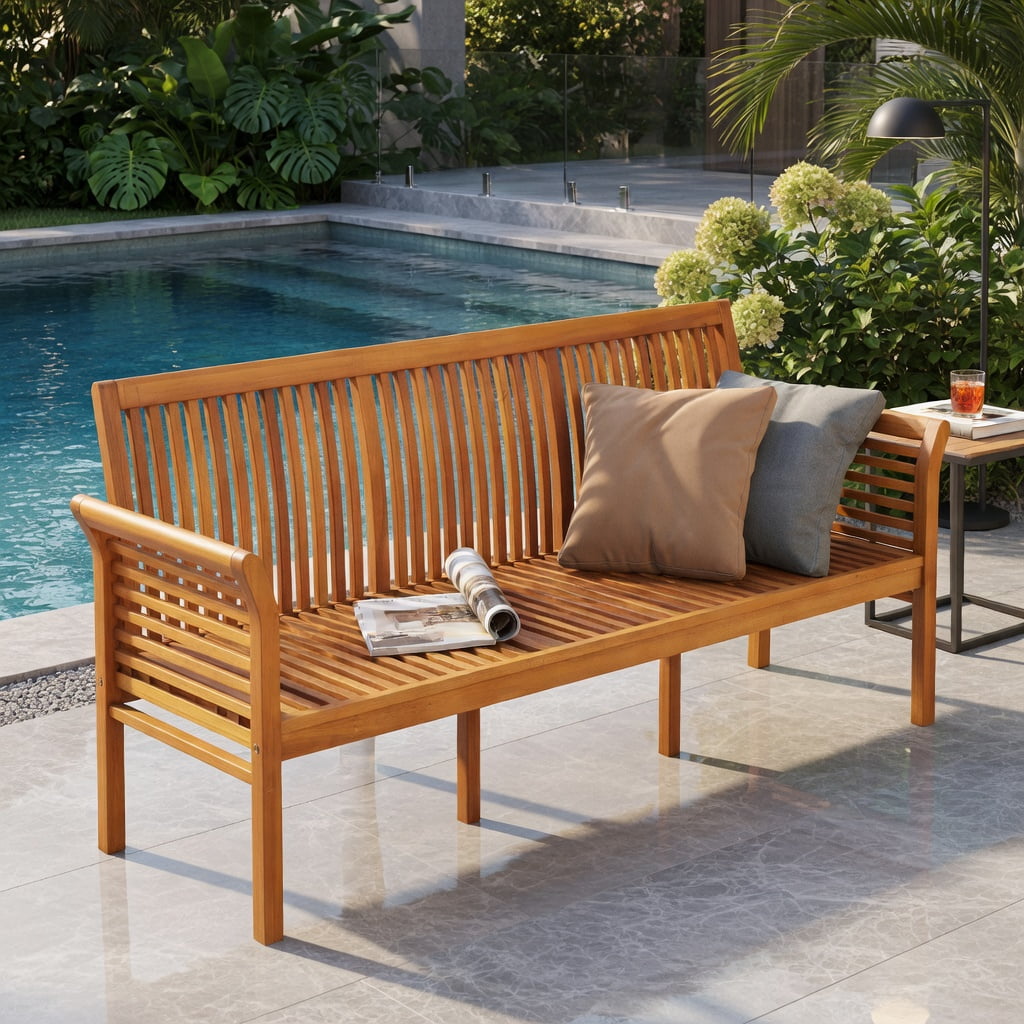 Hommoo 3-Seat Acacia Wood Patio Bench with Off-White Cushions, 62.5" Outdoor Garden Bench for Backyard, Porch & Deck, Natural