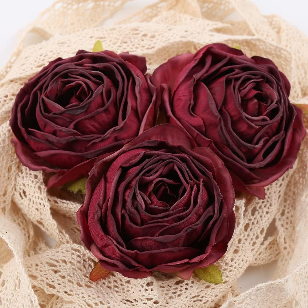 Burgundy Artificial Flowers Roses Heads, Fake Dried Roses Flowers Artificial for Decoration for Dried Floral Bouquet Bridal Party Centerpieces Bridal Bouquets for Wedding (Burgundy)