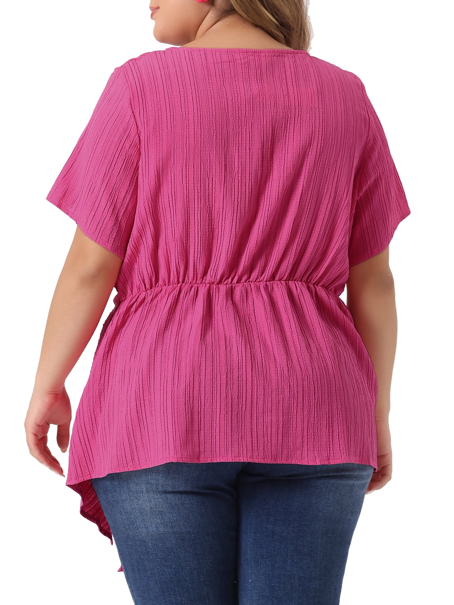 Unique Bargains Women Plus Size Asymmetrical Hem Round Neck Short Sleeve Twist Knot Top 4X Hot Pink