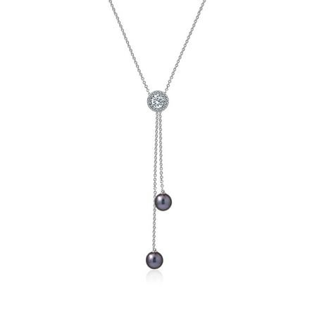 - Gemour Platinum Plated Sterling Silver Swarovski Zirconia Tahitian Cultured Pearl Double Dangling Pendant Y-Shaped Necklace, 18