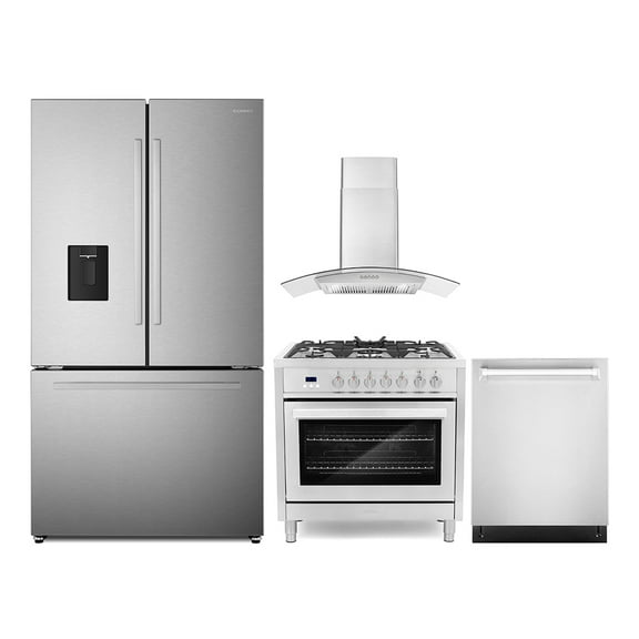 4 Piece Kitchen Package with 36" Freestanding Dual Fuel Range 36" Wall Mount Range Hood 24" Built-in Fully Integrated Dishwasher & French Door Refrigerator