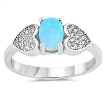 CHOOSE YOUR COLOR White CZ Oval Blue Simulated Opal Heart Ring .925 Sterling Silver Band Female Size 5