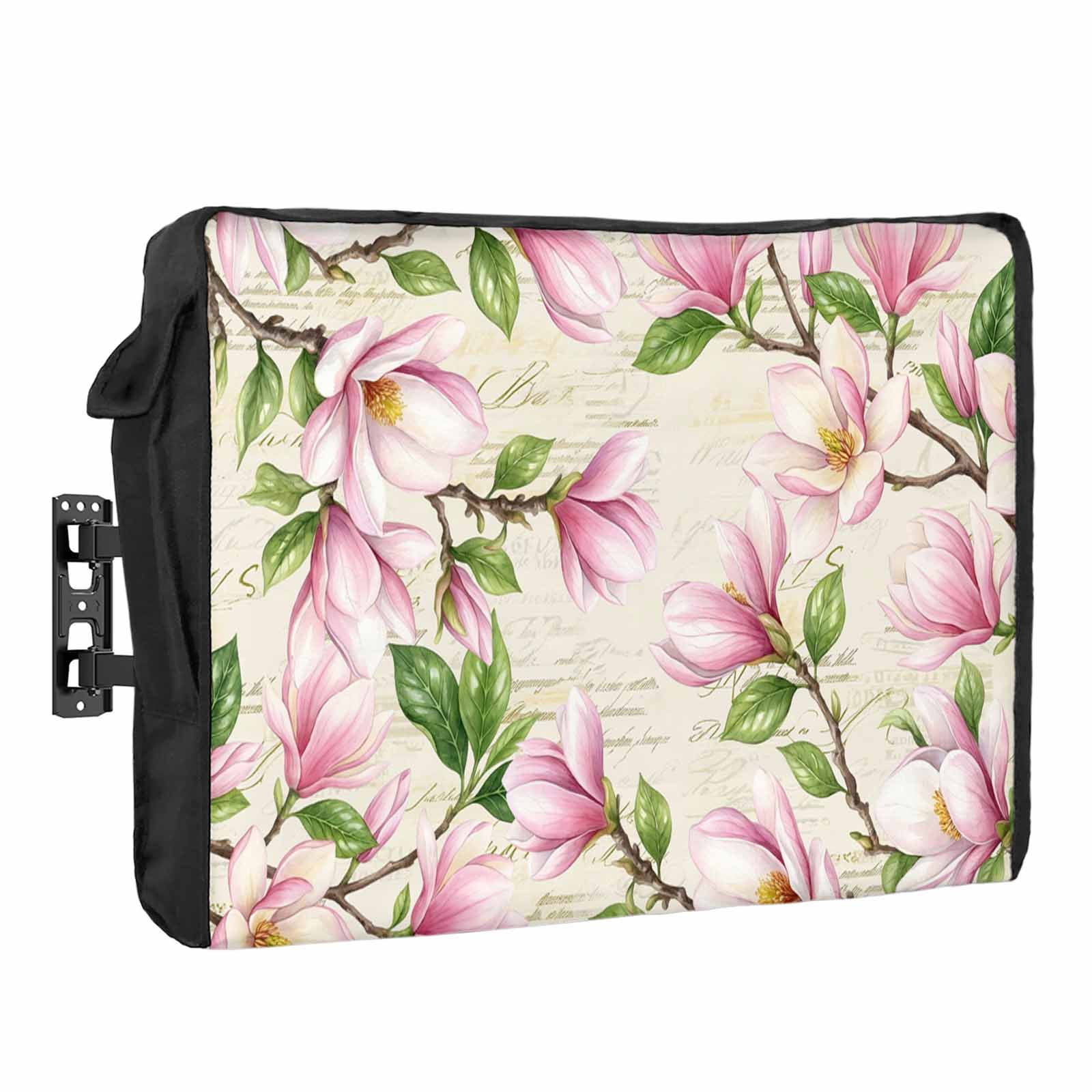 Pink Magnolia Outdoor TV Cover Floral Branches Leaf Botanical Newspaper Texture Waterproof Weatherproof TV Screen Protector with Remote Control Pocket for 80 to 85 Inch Television Outside