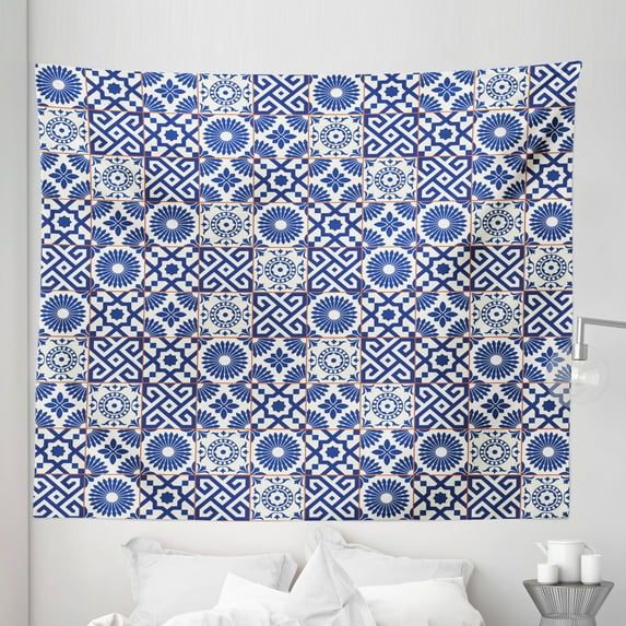 Moroccan Tapestry, Old Ottoman Style Inspired Mix of Moroccan Tiles in Modern Shades Art Print, Fabric Wall Hanging Decor for Bedroom Living Room Dorm, 5 Sizes, Grey Blue, by Ambesonne
