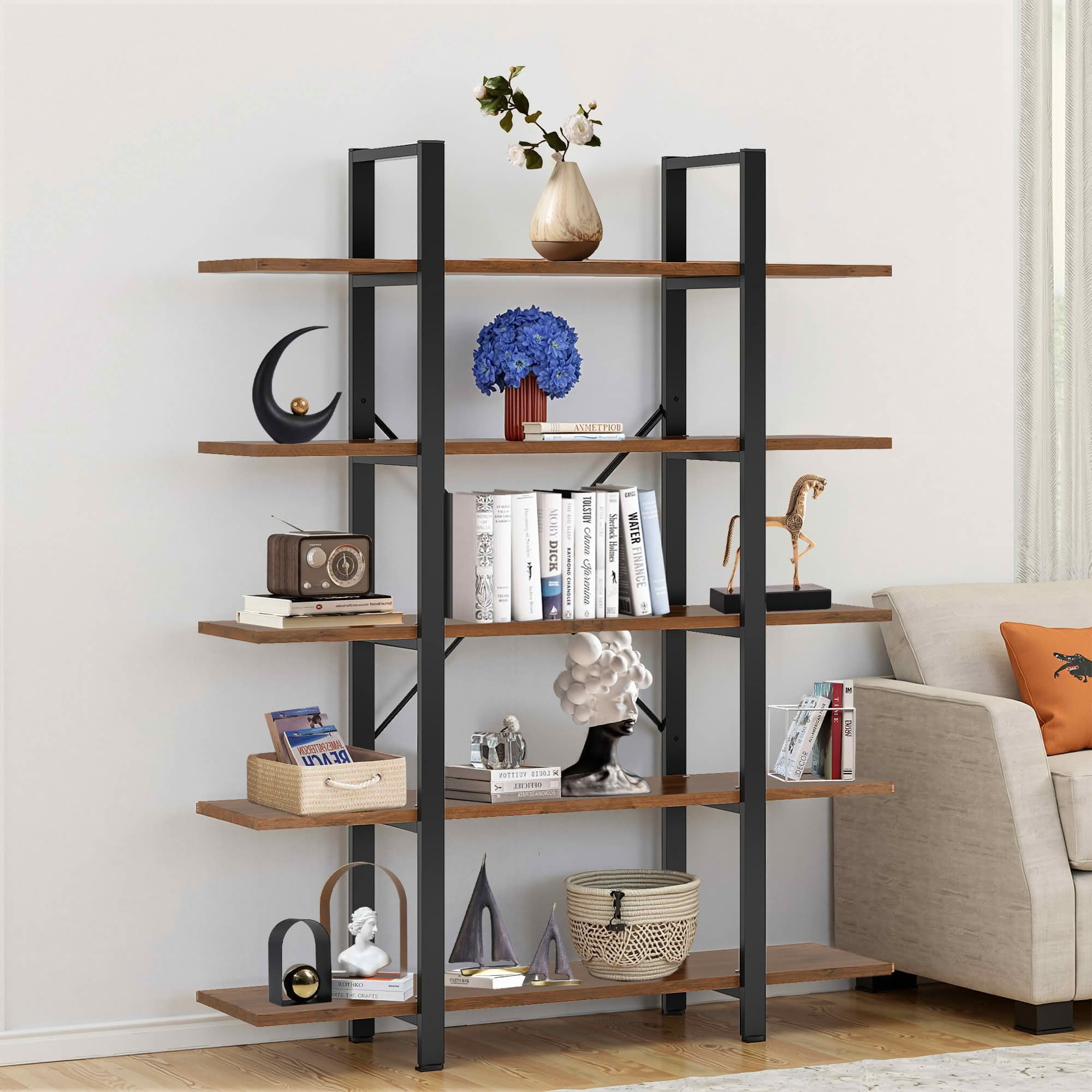 MAYEERTY 72"H 5-Tier Open Etagere Bookshelf, 47 Inch Wide Brown Storage Display Rack, Metal Frame E1 Engineered Wood Bookcase with Adjustable Foot Pads for Living Room Office