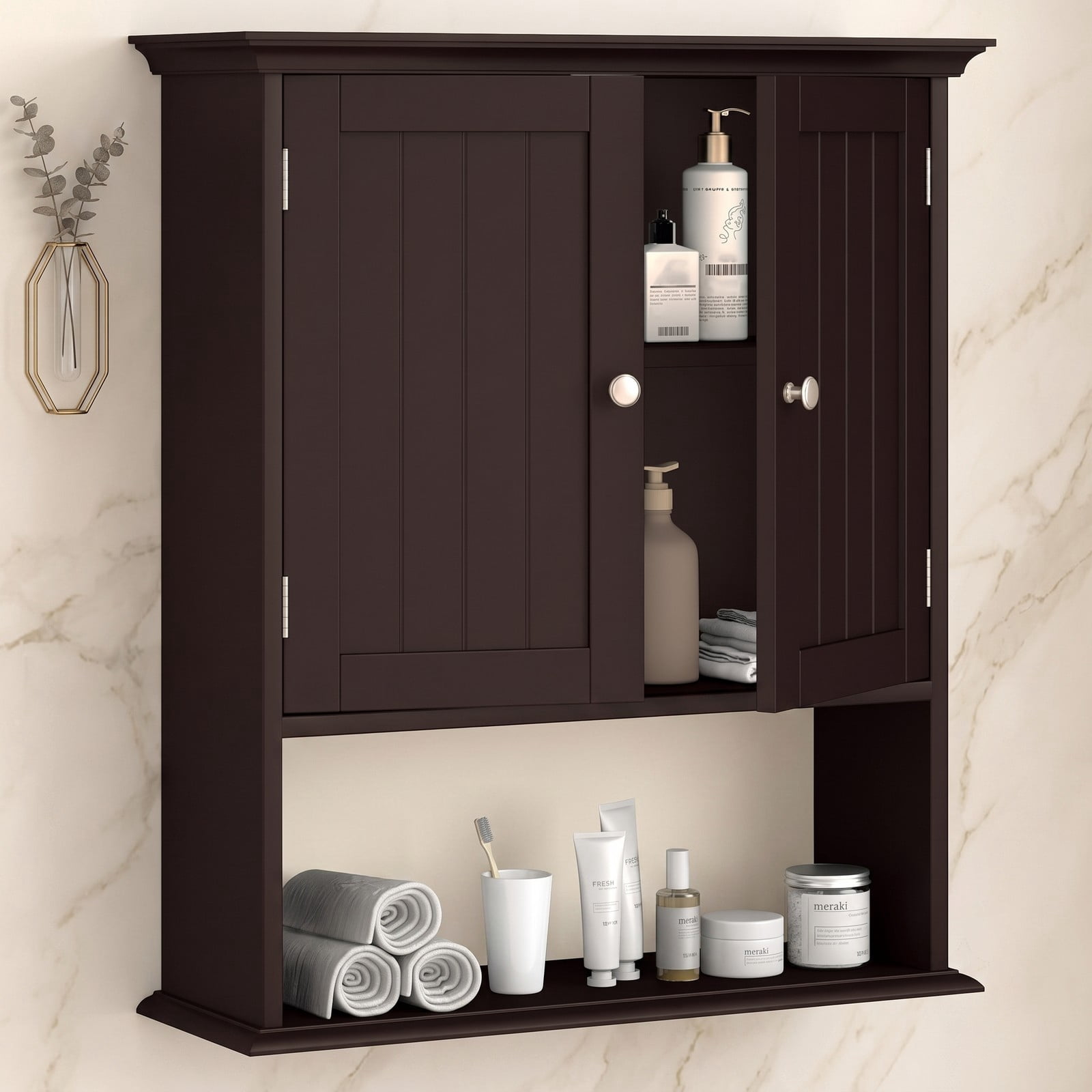 ALPULON Wall Mount Bathroom Cabinet, Space-Saving Wall Storage Organizer with 2 Doors and Adjustable Shelves for Bathroom Kitchen Bedroom Entryway, Coffee Brown