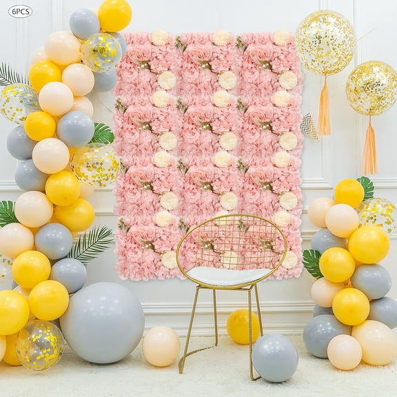 6 Pcs Flower Wall Panel 15" x 15" Gold & Pink Faux Roses Artificial Flower Floral Backdrop, Handmade Flower Wall Panels Wall Decor for Party Wedding Christmas Home Decoration