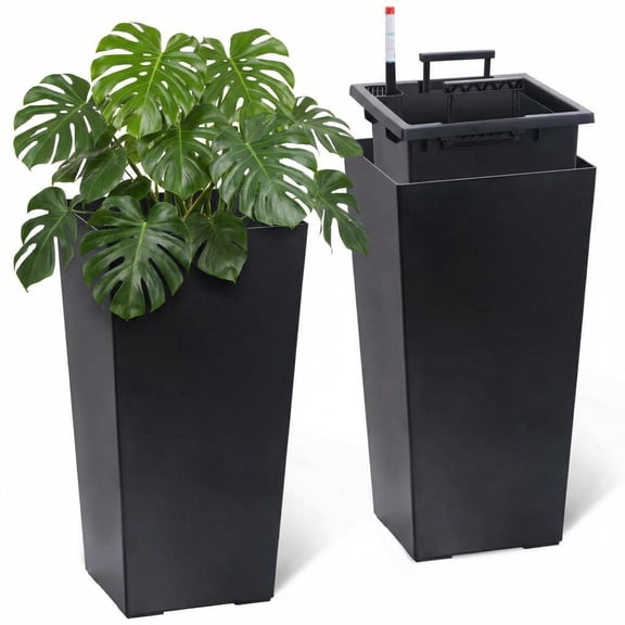 JoanKaren 22.5 Inch Tall Planters Set of 2,Indoor& Outdoor Self Watering Pot,High Front Porch Planter Pots with Drainage Holes&Water Level Monitor&Inner Bucket,Black