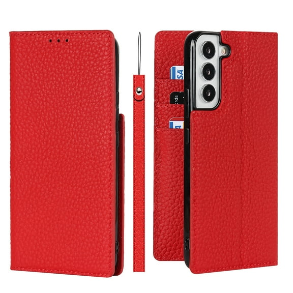 SaniMore Wallet Case for Samsung Galaxy S23 6.1" 2023, Wrist Strap Flip Kickstand Card Slots Genuine PU Leather Shockproof TPU Shell Anti-fall Full-body Protective Cover For Galaxy S23, Red