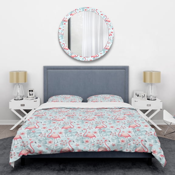 Designart 'Tropical Botanicals, Flowers And Flamingo III' Mid-Century Modern Duvet Cover Set