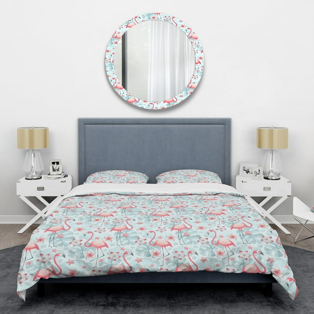 Designart 'Tropical Botanicals, Flowers And Flamingo III' Mid-Century Duvet Cover Set
