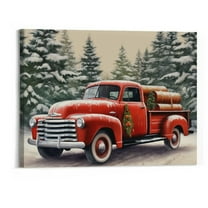 Creowell Christmas Canvas Wall Art Prints Red Truck Tree Picture Snowy Landscape Winter Scene for Holiday Decor, Apartment Decor, Art 20x16 Inch
