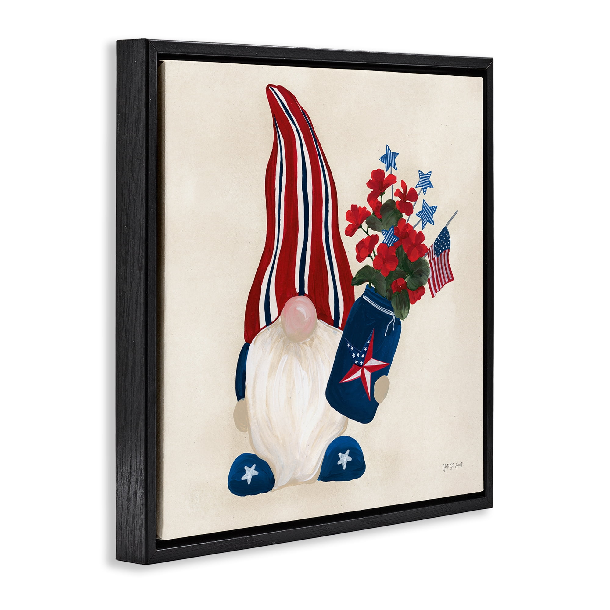 Stupell Industries Patriotic Gnome & Flowers Patriotic Painting Black Floater Framed Canvas Art Print Wall Art, 18 x 18