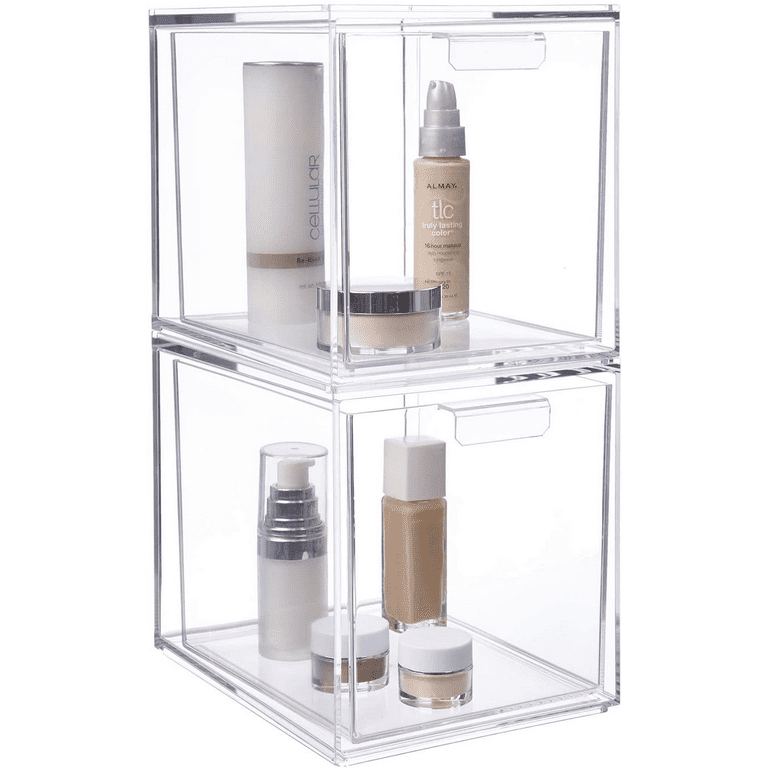 STORi Sofia Plastic Stackable Organizers Drawers (Set of 2) Clear Drawers  for Makeup | 12.5-inches Wide | Set Includes One Open Drawer & One