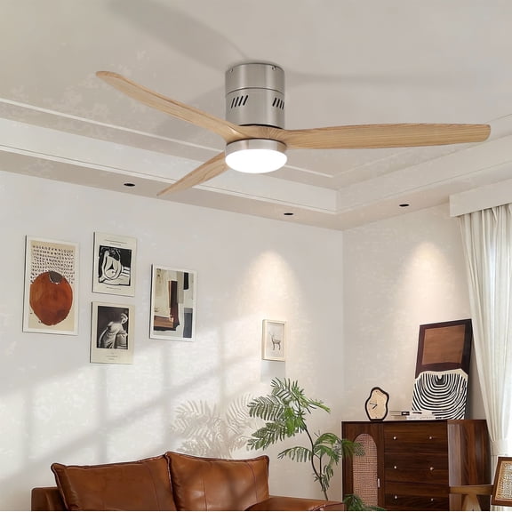 Taimei Ryme 52 in. Nickel Oak Flush Mount Ceiling Fan with Light and Remote, DC Motor, Reversible