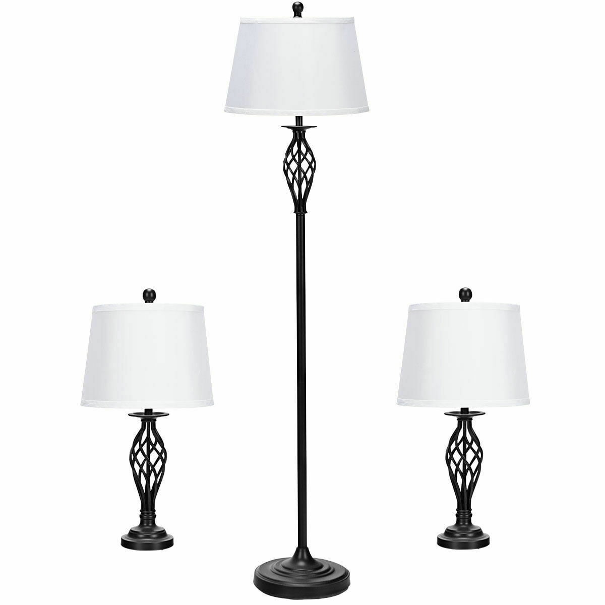3-Piece Lamp Set 2 Table Lamps 1 Floor Lamp Fabric Shades for Living
