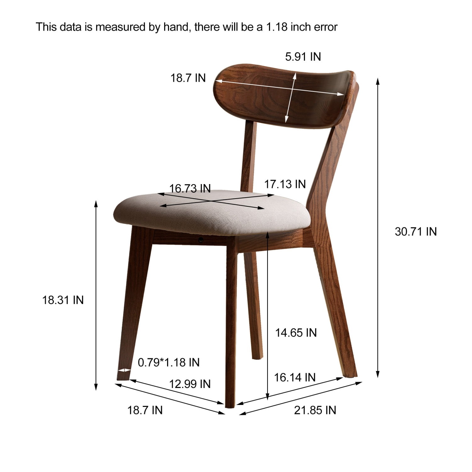 Solid Oak Dining Chair Upholstered Wooden Kitchen Chair with FAS Grade North American Oak Wood for Dining Room Living Room Farmhouse, Gray,Walnut