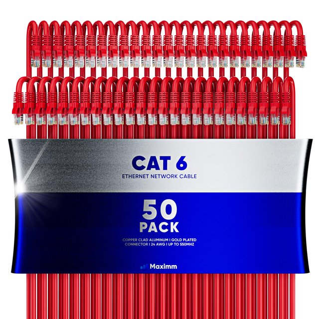 Cable Ethernet Maximm Cat 6 De 4 Pies (Paquete De 50) - Cable Lan De Alta Velocidad Cable De Conexión A Internet Y Cable De Red - Cable Ethernet Utp De 10 Gbps 550 Mhz - Rojo