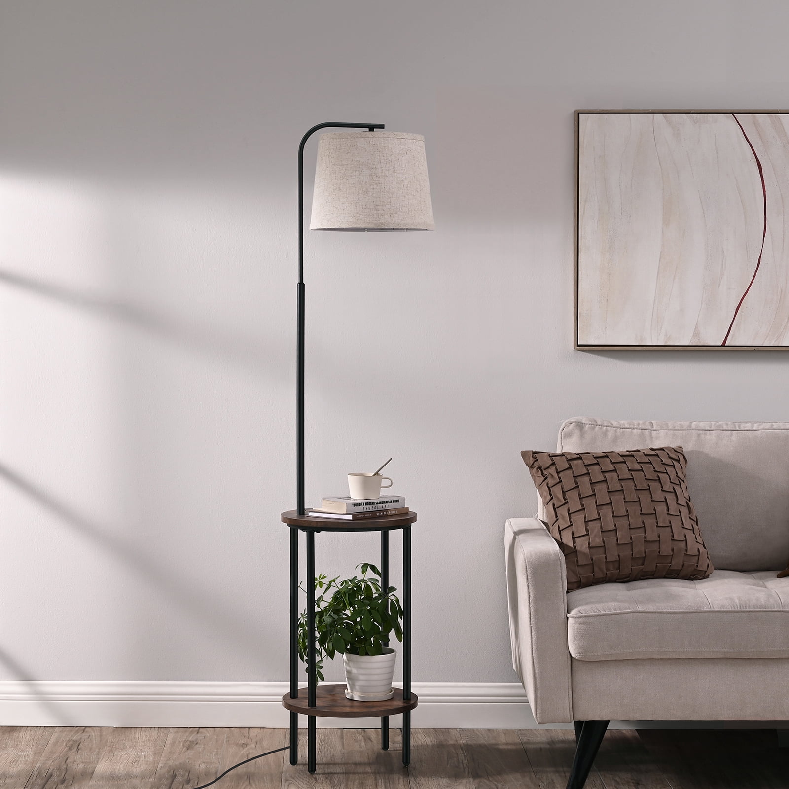 DEWENWILS Floor Lamp with Table for Living Room, 62in Rustic Farmhouse Wooden Floor Lamps, Attached End Table with Lamp for Bedroom, Office, Read Lighting, Home Decor, Brown