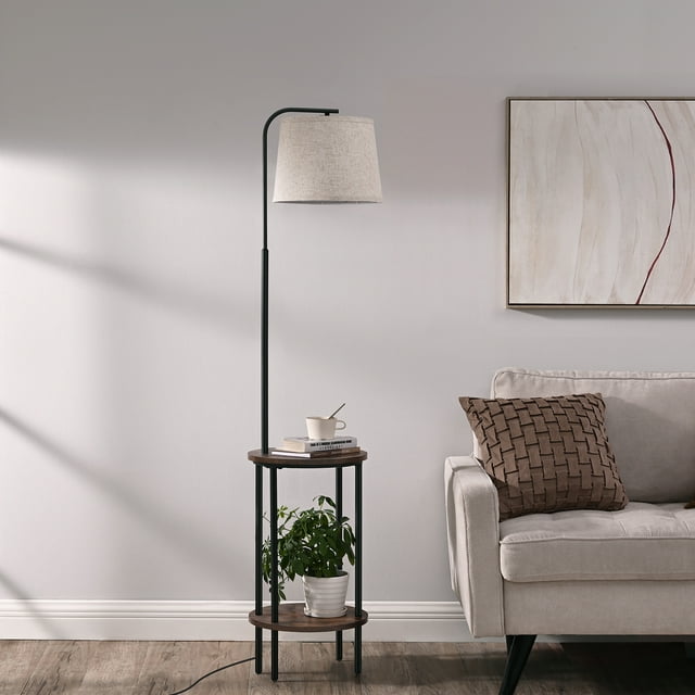 DEWENWILS Lampe sur Pied avec Table, Table d'Appoint Intégrée avec Lampes pour Salon, Lampes sur Pied de Style Ferme en Bois avec Abat-Jour Ajustable pour Chambre, Bureau, Brun