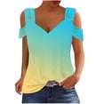thumbnail image 2 of MORESEC Summer Holiday V Neck Tops For Women Cold Shoulder Ruffle Gradient Casual Tee Shirts Vacation Fashion Clothes, Green L, 2 of 5