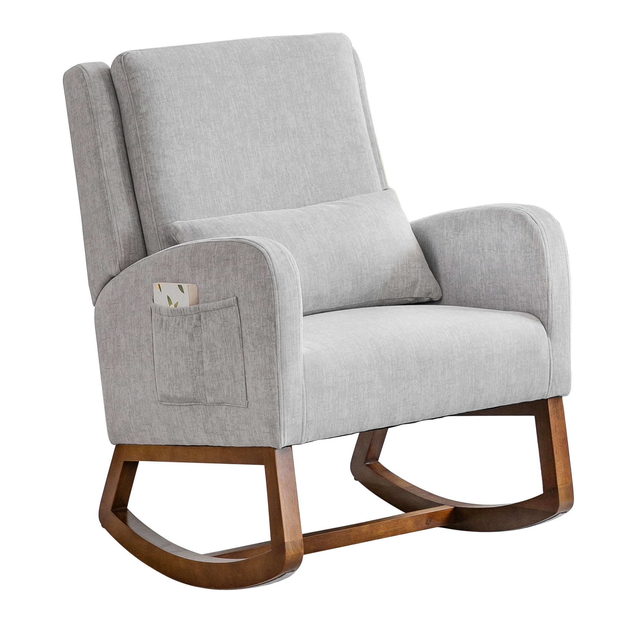 Nursery Rocking Chair, Indoor Upholstered Rocking Chair for Living Room, Modern Glider Rocker Chair w/Pillow, High Back Padded Seat Side Armchair (Grey)