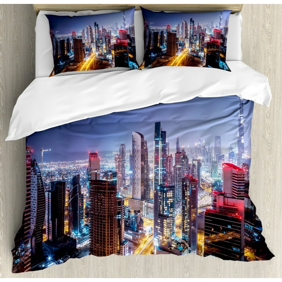 City Duvet Cover Set Queen Size, Nighttime at Dubai Vivid Display United Arab Emirates Tourist Attraction Travel Theme, Decorative 3 Piece Bedding Set with 2 Pillow Shams, Multicolor, by Ambesonne